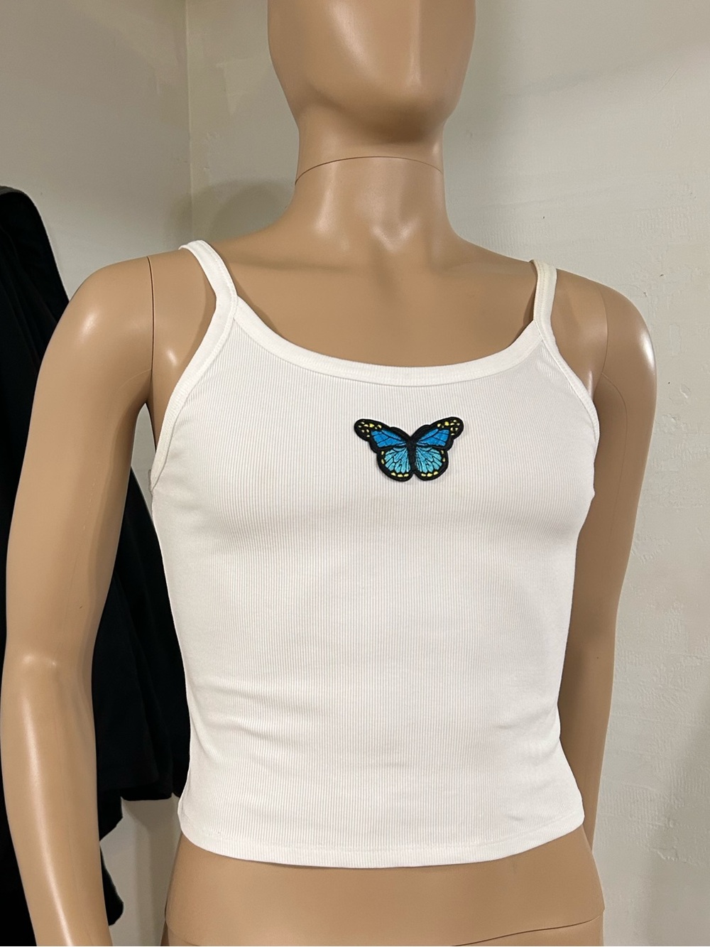 White Ribbed Butterfly Cropped Tank Top - Women's